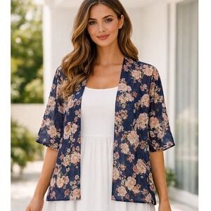 Navy Blue Floral Sheer Short Sleeve Open Cardigan Kimono Swim Cover Womens Large